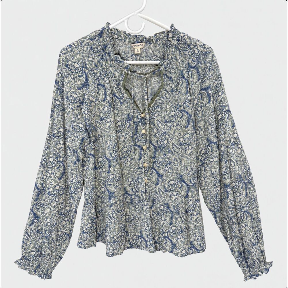 Frye & Co Blouse Womens L Blue Green Paisley Boho Peasant Ruffle Tie Rayon NWT